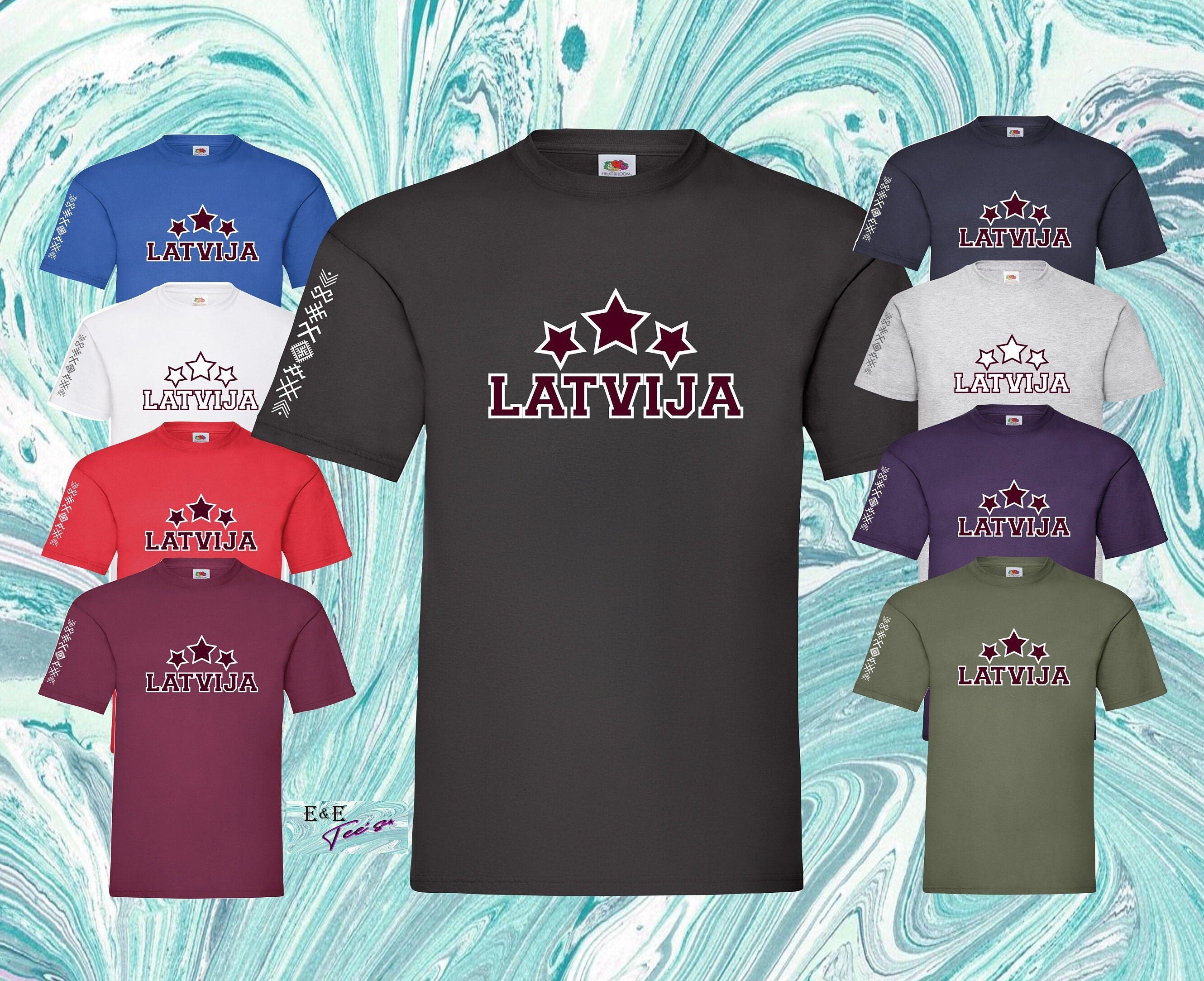 Latvija LATVIA symbol print t-shirt ornamenti jumis 3 zvaigznes t-krekls